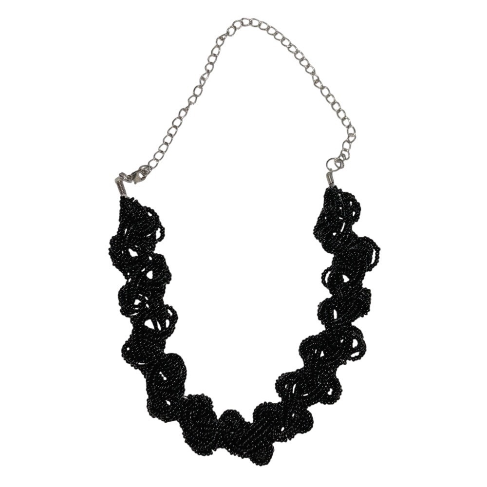 Black Braided Seed Bead Necklace with Silver Tone Chain and Fastener 20" Length